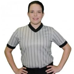 Smitty Officials Apparel Smitty Dye Sublimated Women's Grey V-Neck Referee Shirt With Black Pinstripes