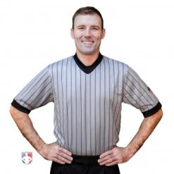 Smitty Officials Apparel Smitty Dye Sublimated Grey V-Neck Referee Shirt With Black Pinstripes And USA FLAG